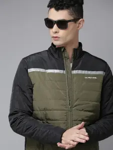 U.S. Polo Assn. Men Olive Green Black Colourblocked Puffer Jacket