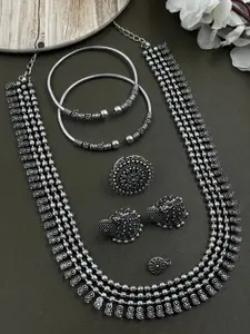 NAMAN ARTS Soumya 3 Line Silver-Plated Oxidised Necklace Jewellery Set