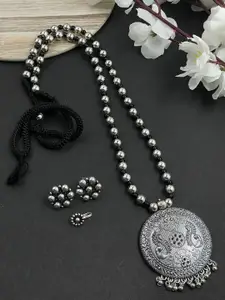 NAMAN ARTS Evana Single Line Silver-Plated Oxidised Necklace Jewellery Set