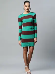 Global Republic Striped Round Neck Long Sleeves Top With Skirt