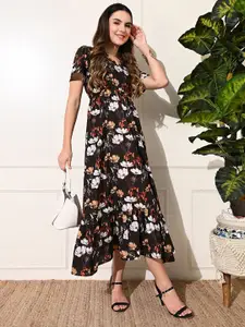 DECKEDUP Floral Print Ruffled A-Line Maxi Dress