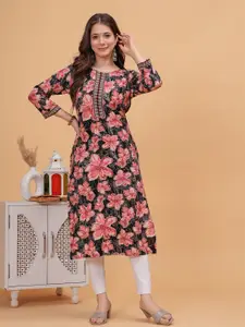 DRESSAR Floral Print Slit Sleeve Applique A-Line Dress