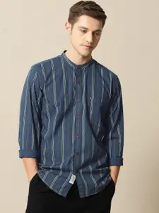 Mr Bowerbird Men Navy Blue & Black Tailored Fit Striped Casual Shirt
