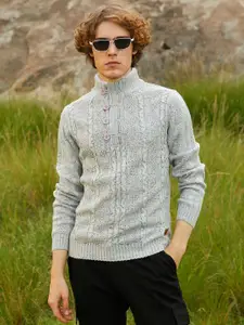 Campus Sutra Men Self Design Cable Knit Button Detail Turtle Neck Pullover