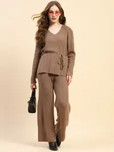 Global Republic Self Design V-Neck Long Sleeves Top With Trouser