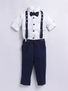 LITTLE COLLARS Boys 4 Pcs Checked Shirt & Trouser Set with Suspender & Bow