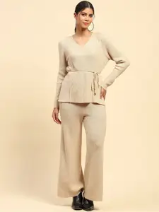 Global Republic Self Design V-Neck Long Sleeves Top With Trouser