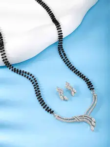 Peora Silver-Plated CZ Studded Mangalsutra & Earrings Set