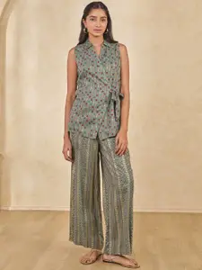 Global Desi Printed Shirt Collar Top & Trousers Co-Ords