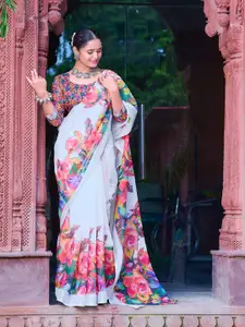 Anouk Floral Zari Linen Blend Saree