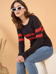 STYLE BLUSH Women Striped Round Neck Pullover Sweater