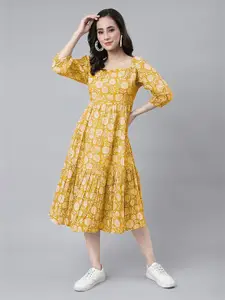 Janasya Floral Print Puff Sleeve Fit & Flare Midi Dress