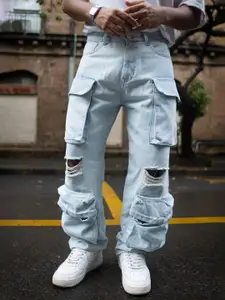 Powerlook Men Loose Fit Ice Blue Torn Baggy Fit Cargo Denim Jeans