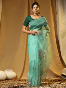 Anouk  Sequinned Floral Printed Embellished Organza Saree