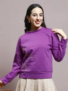 Athena Women Round Neck Embellished Pullover Sweatshirt