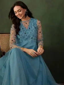 Sangria Floral Thread and Sequined Embroidered A-Line Ethnic Dress