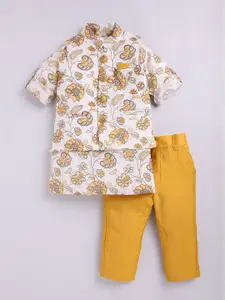 LITTLE COLLARS Boys Floral Printed Kurta & Trousers with Nehru Jacket
