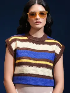 Tokyo Talkies Women Cable Knit Self Design Sweater Vest