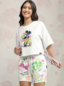 Tokyo Talkies Disney Women White Mickey Mouse Printed T Shirt & Short Set