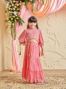 MASTARANG Girls Embroidery Crop And Lehenga With Mock Tie Up At Sleeves