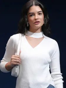 Tokyo Talkies Women Ribbed Choker Neck Pullover