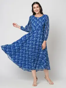 Selvia Print Keyhole Neck Puff Sleeve Georgette Fit & Flare Midi Dress