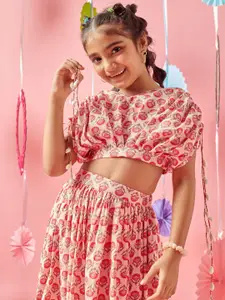 MASTARANG Girls Pink Tonal Print Lehenga With Extended Shoulder Choli
