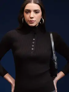 Tokyo Talkies Women Mock Collar Ribbed Pullover Sweater