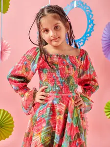 MASTARANG Girls Printed Square Neck Puff Sleeves Smocked Ready to Wear Lehenga & Blouse
