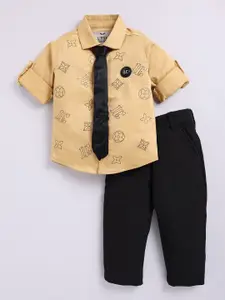LITTLE COLLARS Boys Printed Shirt Collar Long Sleeves Shirt With Trouser With Tie