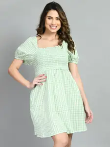 all about you Women Checked Puff Sleeve Fit & Flare Cotton Mini Dress