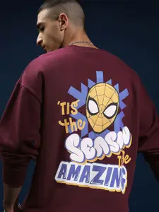HIGHLANDER Marvel Spider Man Men Maroon Round Neck Drop Shoulder Oversized Sweatshirt