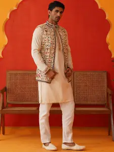Jompers Floral Embroidered Chikankari Kurta with Pyjamas & Waistcoat
