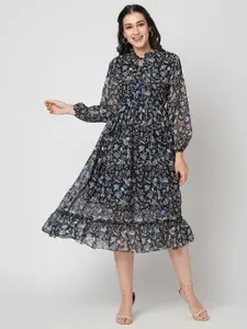 Selvia Print Tie-Up Neck Puff Sleeve Georgette Fit & Flare Dress