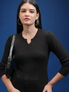 Tokyo Talkies Women Self Design Ribbed Pullover