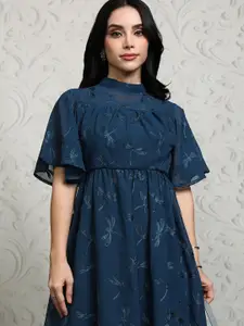 Vishudh Embroidered Flutter Sleeve Fit & Flare Dress