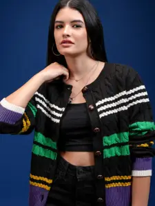 Tokyo Talkies Women Self Design Cable Knit Cardigan Sweater