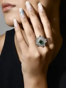 Voylla  Rhodium-Plated AD Stone-Studded Adjustable Finger Ring