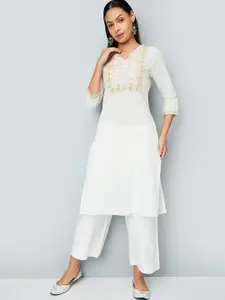 max Geometric Embroidered V-Neck Mirror Work Straight Kurta