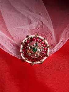 PANASH Gold-Plated Stone-Studded & Beaded Adjustable Finger Ring