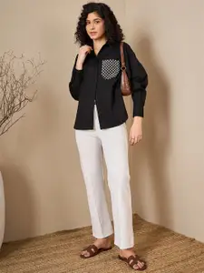 Kibo Women Spread Collar Solid Cotton Relaxed Fit Casual Shirt