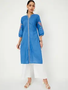 max Geometric Embroidered Mandarin Collar Bishop Sleeves Thread Work Straight Kurta