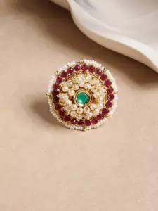 PANASH Gold-Plated Stone-Studded & Beaded Adjustable Finger Ring