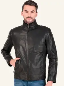 Leather Retail Men Mock Collar Solid Leather Casual Biker Jacket