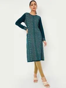 max Geometric Woven Design Round Neck Straight Kurta