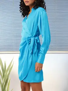 DressBerry Solid Tulip Hem Cuffed Sleeves Wrap Dress