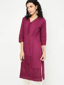 max V-Neck Embroidered Sniffle Thread Work Straight Kurta