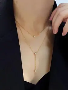 MYKI Gold-Plated Stainless Steel Cubic Zirconia Triple Layer Solitaire Statement Necklace