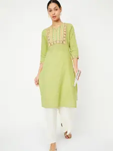 max Geometric Yoke Design V Neck Cotton Straight Kurta