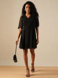 Globus V-Neck Flared Sleeves Shiny Self Design Lace Inserts Mini A-Line Party Dress